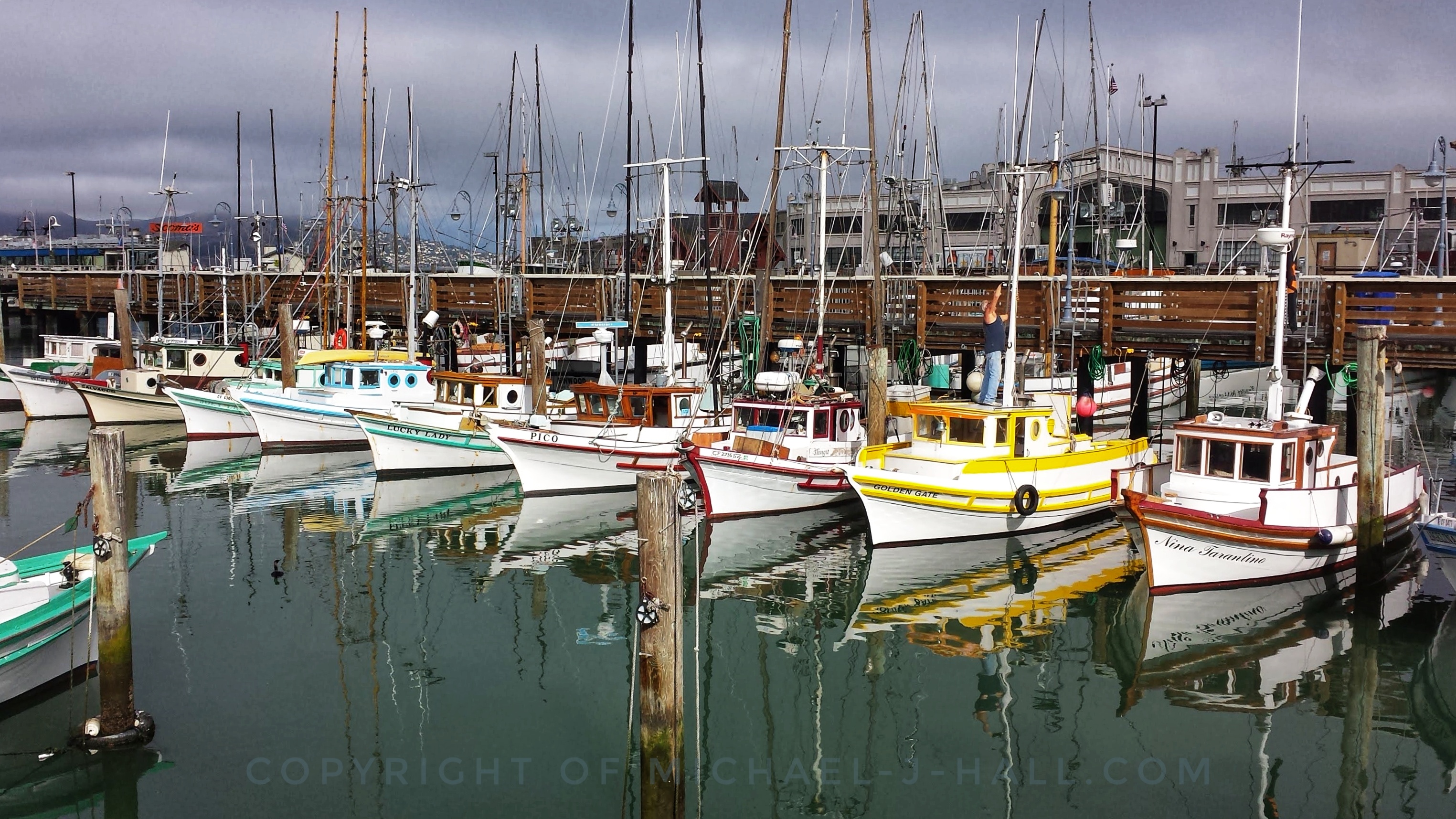 After a hard day's work in the rough seas bringing home the daily catch, these pretty and pristine fishing boats are lined up perfectly against the wharf, resting easily upon the safe, calm harbor waters of grey-green.