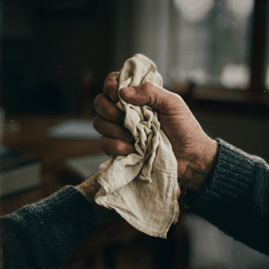 Hand clenching handkerchief