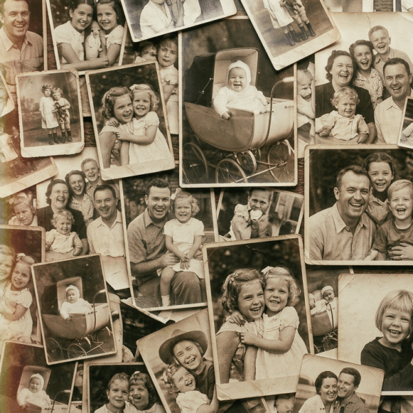Old sepia-toned family portraits and a house photo spread on a wooden surface